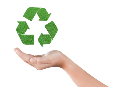Save of environment concept. Child hands with recycle icon isolated on transparent background
