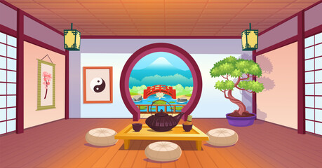 japanese room with a big round door overlooking the garden, cups and teapot on table, garden view, fan, bonsai. Japanese tea ceremony.  Beautiful Japanese nature, red bridge, lake with water lilies.
