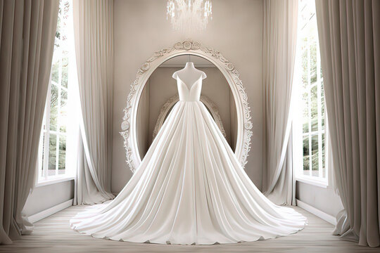 A white wedding dress from a wedding dress shop. AI technology generated image