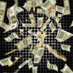 Dollar paper currency explosion . Win money prizes banner.