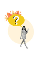 Obraz premium Creative collage illustration of funny woman walking friendly waves hand hello misunderstanding speaking cloud isolated on white background