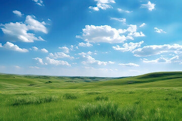 Fototapeta na wymiar Grassland and Blue Sky and White Clouds. AI technology generated image