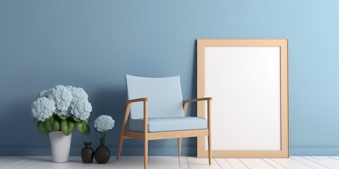 Interior mockup with blue hydrangea or hortensia with empty frame for text. Cozy spacious apartment, room with blue armchair, furniture. Template for banner. Generative ai