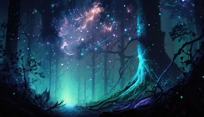 eye catching glowing space forest wallpaper with a illusion effect generative ai