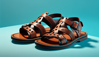 Naklejka premium Sandals in brown leather on a bright blue background, Generative AI