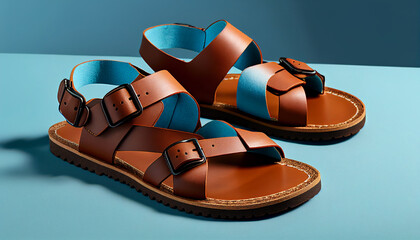 Sandals in brown leather on a bright blue background, Generative AI