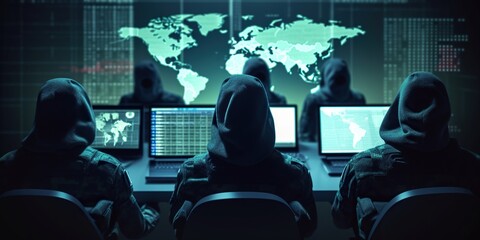 Cybercriminals on a computer screen, representing the rise of cybercrime and the challenges it presents to law enforcement, concept of Digital underworld, created with Generative AI technology