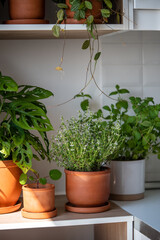 Fresh aromatic garden herbs and houseplants in terracotta pot in the kitchen. Seedling of herbal plants for healthy cooking - thyme and mint. Home gardening and cultivation