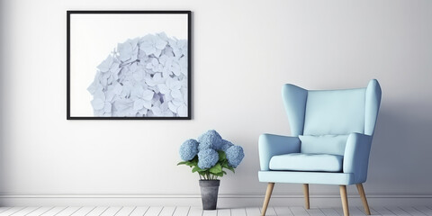 Interior mockup with blue hydrangea or hortensia with empty frame for text. Cozy spacious apartment, room with blue armchair, furniture. Template for banner. Generative ai