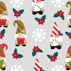 Christmas background with cute gnomes. Seamless pattern, vector illustartion.