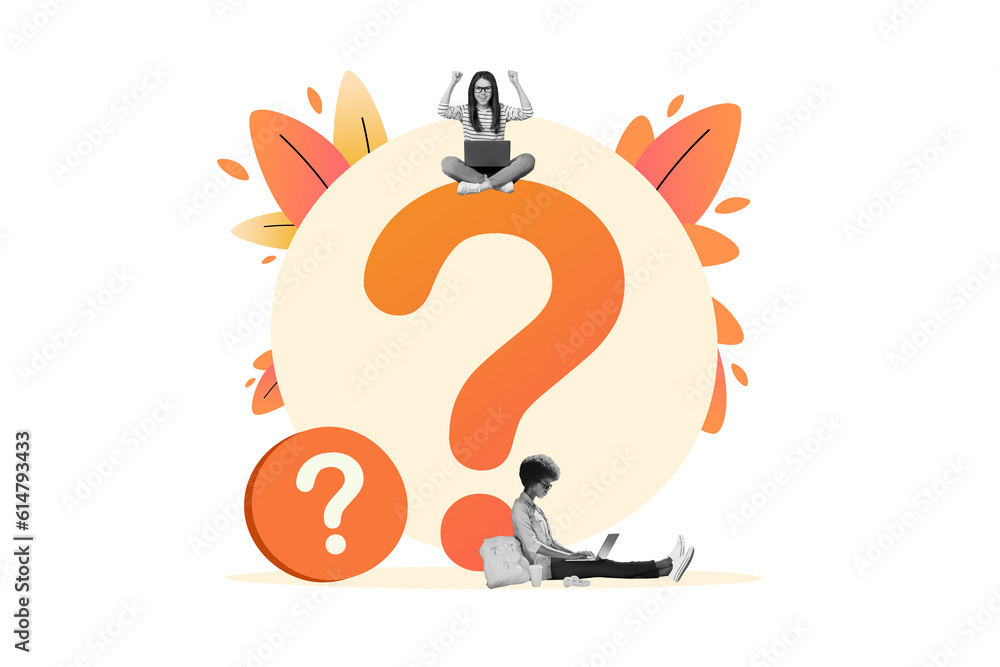 Poster collage composite image of two colleagues business partners girls question mark confusion no idea is