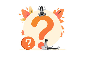 Collage composite image of two colleagues business partners girls question mark confusion no idea isolated on white color background