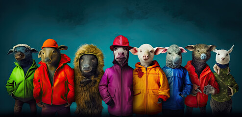 diferent animals as people in row, vibrant color, diversity and inclusion, world animal day concept