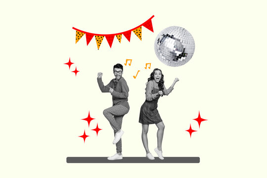 Photo placard retro discotheque invitation discoball party collage concept of wife husband having fun isolated on beige color background