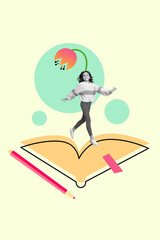 Vertical collage of funky schoolgirl running open copybook pencil writing drawing inspiration flowers print isolated on green background