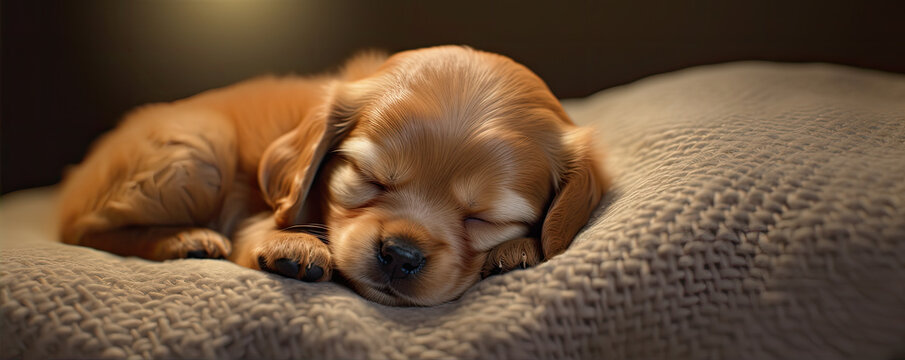 A Sleepy Cute Brown Puppy Dozing On A Pillow. Generative Ai