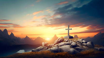 Fototapeta premium Christian cross on hill at sunset. AI generated