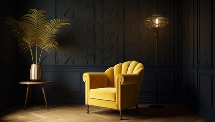 Art Deco interior in classic style with yellow armchair and lamp.3d rendering.