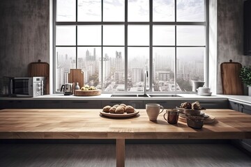 Top hardwood table with a windowed kitchen interior in the backdrop. empty place for mounting and pasting various goods. Generative AI