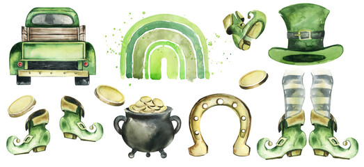 Clipart St. Patrick's Day. Watercolor green rainbow, green retro car, green hat.