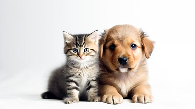Cute puppy and kitten looking at the camera