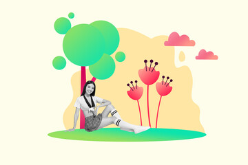 Collage banner of young charming attractive lady sitting under tree painted nature bloom flowers spring time isolated on drawing background