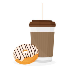 Vanilla donut and coffee. Snack, breakfast. Vector illustration in a flat style.
