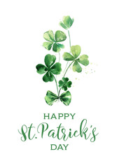 Bouquet of clover leaves, watercolor print, patrick day card.