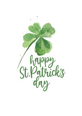Lettering happy patrick day and watercolor clover leaf for good luck