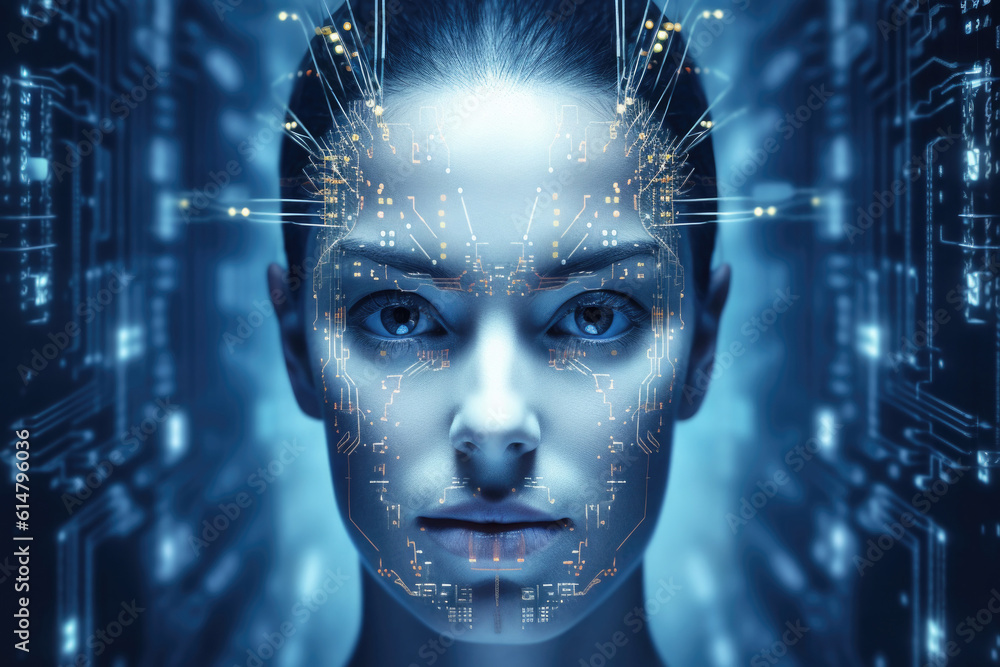 Poster digital hologram of female face looking from futuristic screen. interaction with artificial intellig