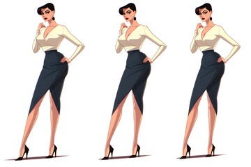 Fototapeta premium Frigid tall sleek beautiful secretary cosplaying showing stiletto high heels and her legs on white background