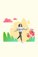 Vertical poster collage image of cheerful lovely optimistic girl have fun walk nature outside grass lawn isolated on painted background