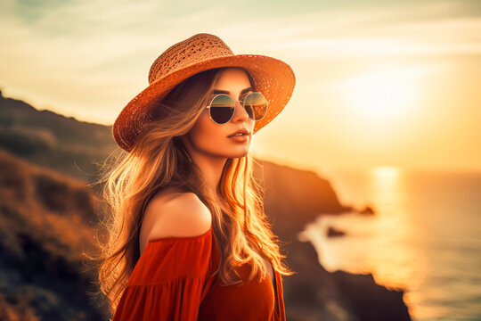 Young woman on a sea vacation. Portrait of a young woman in hat and sunglasses at a seaside resort. Generative AI