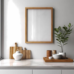 Fototapeta na wymiar a white countertop with a wooden frame, featuring a plant, ceramic vase with houseplants, stacked wooden bowls holding items, and an overall warm and inviting atmosphere.
