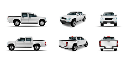 Set of car pickup, truck mockup realistic white isolated on the background. Ready to apply to your design. Vector illustration. - obrazy, fototapety, plakaty
