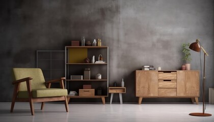 Mockup living room with wood cabinet,table,shelf and armchair with polished concrete loft style wall.3d rendering
