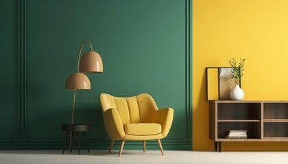 Mock up room in modern style with armchair,cabinet on yellow and green wall background.3d rendering