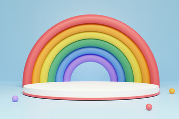 3D rendering white-pink stand with pastel rainbow arch on light blue background. Children product display scene.