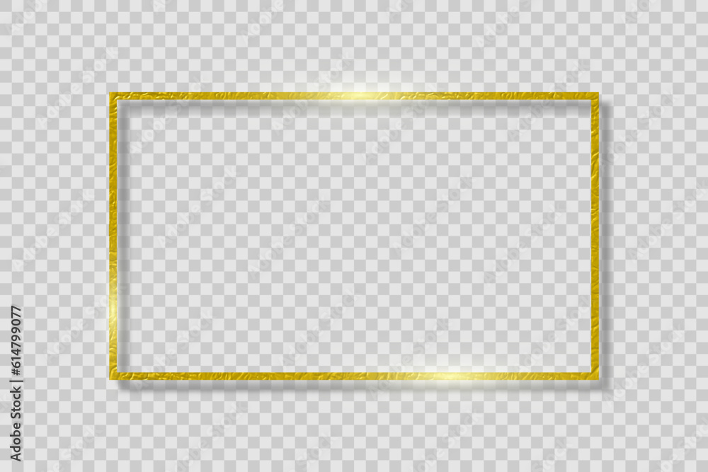 Aufkleber Foil golden frame on transparent background with shadow. Gold rectangle border is made of foil texture with glow shine and light effect. Vector.