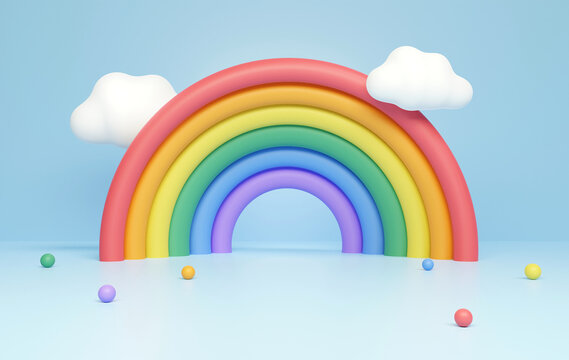 3D rendering pastel rainbow arch with white clouds on light blue background. Children product display scene.