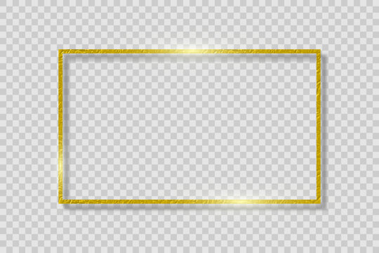 Foil golden frame on transparent background with shadow. Gold rectangle border is made of foil texture with glow shine and light effect. Vector.