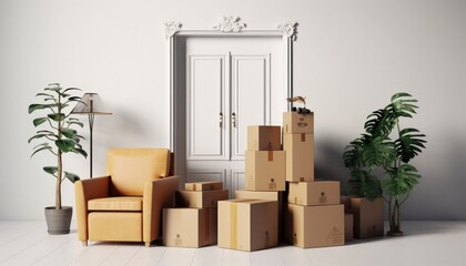 Relocation,Furniture in boxes.Moving to new house service or concept for buying furniture delivery.3d rendering