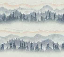 Mountains seamless pattern design, Forest pattern, Nature design, Peak, Trees, Watercolor, landscape pattern design