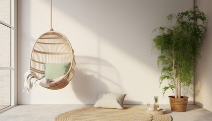 White wall with hanging chair,plant,wicker pot and rug.3d rendering