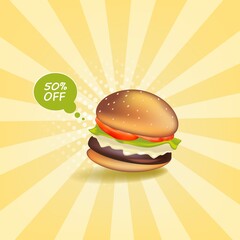 Burger on a retro background with a 50 percent discount.
