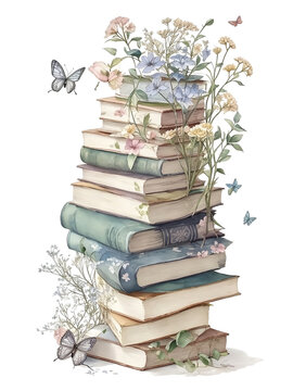Watercolor with stack of books butterfly flower green leaves,generative ai