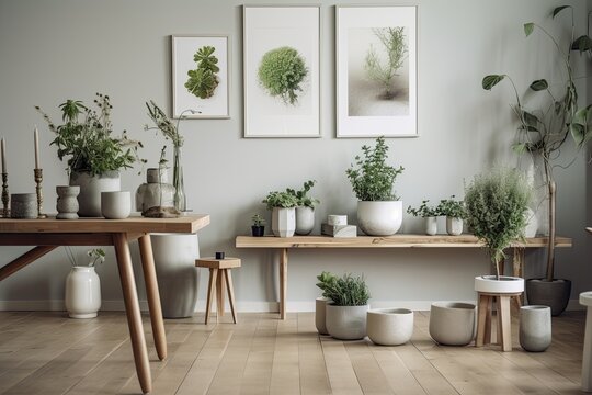 Stylish and contemporary arrangement of plants in various pots on a hardwood table with chic accents. Template. Modern living room furnishings. The color scheme of eucalyptus. domestic garden