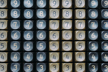 A solid background of numbers on the plastic buttons of an outdated calculator. Texture of numbers. Numerology and numbers.