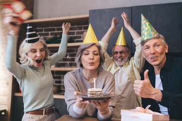 Happy aged friends having birthday party at home
