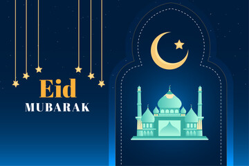 Eid mubarak background with beautiful moon and mosque